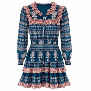 Ruffle Mini Dress Boho Tiered Teal Print Aureum Size XS NWT